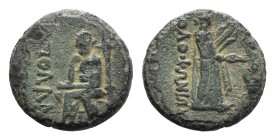 Ionia, Kolophon, c. 50 BC. Æ Hemiobol (19mm, 5.14g, 12h). Pytheos, magistrate. The poet Homer seated l., holding scroll and resting chin on r. hand. R...