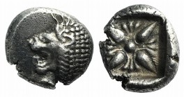 Ionia, Miletos, late 6th-early 5th century BC. AR Diobol (8mm, 1.21g). Forepart of a lion r., head l. R/ Stellate design within square incuse. SNG Kay...