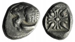Ionia, Miletos, late 6th-early 5th century BC. AR Diobol (8mm, 0.96g). Forepart of a lion r., head l. R/ Stellate design within square incuse. SNG Kay...