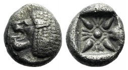 Ionia, Miletos, late 6th-early 5th century BC. AR Diobol (8mm, 1.15g). Forepart of a lion r., head l. R/ Stellate design within square incuse. SNG Kay...