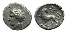Ionia, Miletos, c. 340-325 BC. AR Hemidrachm (12mm, 1.65g, 12h). Uncertain magistrate. Laureate head of Apollo l. R/ Lion standing l., head r.; star a...