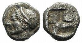 Ionia, Phokaia, c. 521-478 BC. AR Diobol (8mm, 1.26g). Archaic female head l. R/ Quadripartite incuse square. Klein 452-3. Good VF