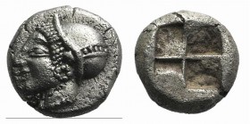 Ionia, Phokaia, c. 510-494 BC. AR Diobol (8mm, 1.30g). Helmeted female head l., hair in sakkos. R/ Four-part incuse square. SNG Copenhagen 389-94 (Unc...
