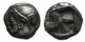 Ionia, Phokaia, c. 510-494 BC. AR Diobol (7mm, 1.24g). Helmeted female head l., hair in sakkos. R/ Four-part incuse square. SNG Copenhagen 389-94 (Unc...