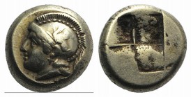 Ionia, Phokaia, c. 478-387 BC. EL Hekte – Sixth Stater (10mm, 2.53g). Head of Athena l., wearing crested Attic helmet decorated with griffin; below, s...