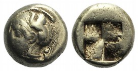 Ionia, Phokaia, c. 478-387 BC. EL Hekte – Sixth Stater (10mm, 2.50g). Head of Athena l., wearing crested Attic helmet decorated with griffin; below, s...