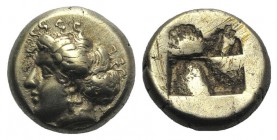 Ionia, Phokaia, c. 478-387 BC. EL Hekte - Sixth Stater (10mm, 2.52g). Head of nymph l., with hair in sakkos. R/ Quadripartite incuse square. Bodensted...