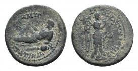 Ionia, Smyrna. Pseudo-autonomous issue, c. 68-70. Æ (19.5mm, 3.52g, 6h). Tiberius Claudius Hieronymus, magistrate. Nemesis standing r. R/ River-god re...