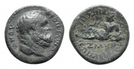 Ionia, Smyrna. Pseudo-autonomous issue. Time of Domitian (81-96). Æ (18mm, 4.59g, 12h). Frontinus procos, strategos Rhegeinos and Myrton stephanophos,...