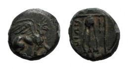 Ionia, Teos, c. 210-190 BC. Æ (10mm, 1.60g, 12h). Griffin seated r., forepaw raised. R/ Lyre; animal leg(?) to l.; all within linear border. Cf. SNG C...