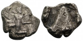 Caria, Kaunos, c. 430-410 BC. AR Stater (21mm, 10.98g, 12h). Winged female figure running l., holding caduceus and wreath. T/ Baetyl, granulated patte...