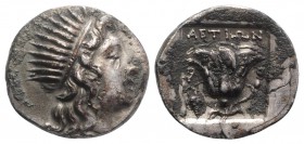 Islands of Caria, Rhodes, c. 188-84 BC. AR Drachm (14mm, 2.84 g, 12h). Aetion, magistrate. Radiate head of Helios r. R/ Rose with bud to r.; bunch of ...
