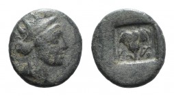 Islands of Caria, Rhodes, c. 188-84 BC. Æ (11.5mm, 1.39g, 12h). Radiate head of Helios r. R/ Rose, bud to l., within incuse square. SNG Copenhagen 860...
