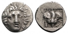Islands of Caria, Rhodes, c. 170-150 BC. AR Hemidrachm (11mm, 1.40g, 12h). ‘Plinthophoric’ coinage. Artemon, magistrate. Radiate head of Helios facing...