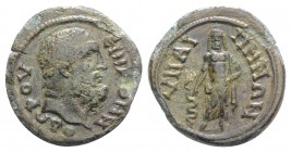 Lydia, Hypaepa. Pseudo-autonomous issue, 2nd century AD. Æ (18mm, 2.67g, 12h). Athenodoros, magistrate. Head of Herakles r. R/ Asklepios standing faci...