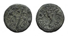 Lydia, Mastaura, c. 1st century BC. Æ (13mm, 2.44g, 11h). Filleted thyrsos within wreath. R/ Cornucopia. SNG Copenhagen 276; BMC 2. Green patina, near...