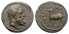 Lydia, Nacrasa. Pseudo-autonomous issue, 2nd-3rd century AD. Æ (14.5mm, 2.46g, 12h). Bearded head of Herakles r. R/ NAKPACEΩN, Stag standing l. RPC IV...