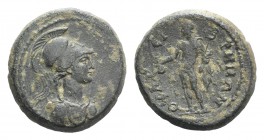 Lydia, Thyateira. Pseudo-autonomous, 2nd-3rd centuries AD. Æ (22mm, 8.11g, 12h). Helmeted bust of Athena r., wearing aegis. R/ Hermes standing l., hol...