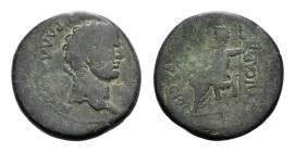 Lydia, Tralleis. Pseudo-autonomous, c. AD 54-96. Æ (24mm, 8.30g, 12h). Laureate and bearded head of Demos r. R/ Zeus Larasios seated l., holding [nike...