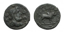 Lydia, Tralleis. Pseudo-autonomous, 3rd century AD. Æ (15mm, 2.11g, 6h). ZEVC, Laureate head of Zeus r. R/ TPAΛΛIANΩN, Humped bull standing r.; star i...
