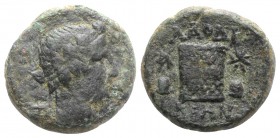 Phrygia, Laodikeia, late 1st century BC. Æ (15mm, 4.41g, 1h). Wreathed head of Dionysos r. R/ Cysta mistica flanked by pilei surmounted by stars. BMC ...
