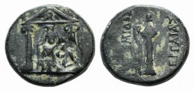 Pamphylia, Perge, c. 50-30 BC. Æ (16.5mm, 5.22g, 12h). Cult statue of Artemis Pergaia facing within distyle temple; c/m: sphinx seated r. within circu...