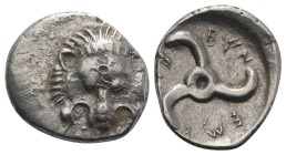 Dynasts of Lycia, Trbbenimi (c. 380-370 BC). AR Tetrobol (15mm, 2.76g). Facing lion's scalp. R/ Triskeles. SNG von Aulock 4215. VF
