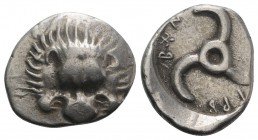 Dynasts of Lycia, Trbbenimi (c. 380-370 BC). AR Tetrobol (17mm, 3.12g). Facing lion's scalp. R/ Triskeles. SNG von Aulock 4215. VF