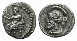 Cilicia, Tarsos. Pharnabazos (380-374/3 BC). AR Obol (9mm, 0.73g, 3h). Baaltars seated l., holding lotus-tipped sceptre. R/ Helmeted and bearded male ...