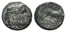 Seleukid Kings, Seleukos I (312-281 BC). Æ (13mm, 2.36g, 12h). Sardes, 282-1 BC. Winged head of Medusa r. R/ Bull butting r.; ΣI between back legs. SC...