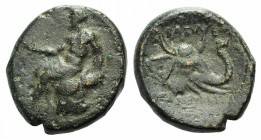 Seleukid Kingdom, Seleukos I (312-281 BC). Æ (20mm, 7.42g, 12h). Antioch. Male figure seated l. on rock, holding ankh. R/ Head of a horned elephant r....