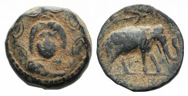 Seleukid Empire, Antiochos III (222-187 BC). Æ (16mm, 4.51g, 11h). Uncertain mint (Military mint in Coele-Syria), 202-187 BC. Macedonian shield with g...