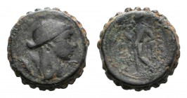 Seleukid Kings, Seleukos IV (187-175 BC). Serrate Æ (23mm, 10.76g, 12h). Antioch. Laureate head of Apollo r. R/ Apollo standing l., holding arrow, lea...
