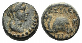 Seleukid Kings, Antiochos IV (175-164 BC). Æ (12mm, 3.73g, 1h). Antioch, c. 175-173/2. Veiled and diademed bust of Laodike IV r. R/ Head of elephant l...