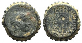 Seleukid Kings, Demetrios I (162-150 BC). Serrate Æ (25mm, 17.67g, 1h). Antioch on the Orontes. Laureate head of Apollo r., bow and quiver over should...