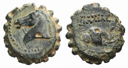 Seleukid Kings, Demetrios I (162-150 BC). Serrate Æ (15mm, 3.86g, 1h). Antioch. Head of horse l. R/ Head of elephant r. SC 1646; HGC 9, 833. Green-bro...