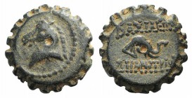 Seleukid Kings, Demetrios I (162-150 BC). Serrate Æ (15mm, 4.54g, 1h). Antioch. Head of horse l. R/ Head of elephant r. SC 1646; HGC 9, 833. Green pat...