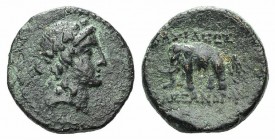 Seleukid Kings, Alexander I Balas (152-145 BC). Æ (14mm, 3.23g, 12h). Antioch on the Orontes. Head of Dionysos r., wreathed with ivy. R/ Horned elepha...