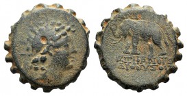 Seleukid Kings, Antiochos VI (144-141 BC). Æ Serrate (21mm, 8.11g, 1h). Antioch. Diademed and radiate head r. R/ Elephant walking l., cornucopiae behi...