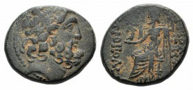 Seleucis and Pieria, Antioch, Civic Issue. 1st century BC. Æ Tetrachalkon (19mm, 7.67g, 1h). Laureate head of Zeus r. R/ Zeus Nikephoros seated l. on ...