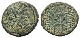 Seleukis and Pieria, Antioch, c. 38-35 BC. Æ Tetrachalkon (25mm, 10.93g, 12h). Laureate head of Zeus r. R/ Zeus Nikephoros seated l. HGC 9, 1372. Eart...