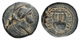 Seleukis and Pieria, Antioch. Pseudo-autonomous issue, c. AD 54-68. Æ Dichalkon (16mm, 4.13g, 1h), year 108 of the Caesarean Era (59/60). Laureate and...