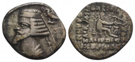 Kings of Parthia, Phraates IV (38/7-2 BC). AR Drachm (19mm, 3.89g, 12h). Ekbatana. Diademed bust l.; to r., eagle l., holding wreath in beak. R/ Arche...
