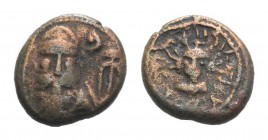 Kings of Elymais, Orodes II (c. AD 150-200). Æ Drachm (14mm, 3.48g, 12h). Bearded facing bust wearing tiara; crescent and anchor to r. R/ Aramaic lege...