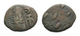 Kings of Elymais, Orodes II (c. AD 100-150). Æ Drachm (15mm, 3.68g). Facing bust wearing tiara; anchor to r. R/ Dashes. Van’t Haaff Type 13.3. VF