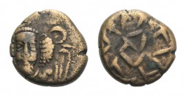 Kings of Elymais, Orodes II (c. AD 100-150). Æ Drachm (14mm, 3.50g). Facing bust wearing tiara; anchor to r. R/ Dashes. Van’t Haaff Type 13.3. VF