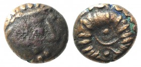 Kings of Elymais, Unidentified King. Æ Unit (9mm, 1.53g, 12h). Bust r. R/ Crescents and dots within wreath. Van’t Haaff Type 21.2. VF