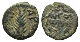 Judaea, Procurators. Porcius Festus (59-62 CE). Æ Prutah (15mm, 2.22g, 12h). Jerusalem, year 5 of Nero (58/9). Blundered legend within wreath. R/ Palm...