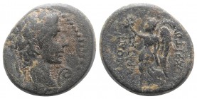 Augustus (27 BC-AD 14). Phrygia, Acmoneia. Æ (20mm, 6.51g, 12h). Krates Menokritou, magistrate. Laureate head r.; lituus to r. R/ Nike advancing l., h...