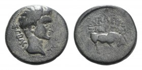 Tiberius (14-37). Phrygia, Eumeneia. Æ (17mm, 4.21g, 12h). Valerios Zmertorix, magistrate. Bare head r. R/ Bull butting r. RPC I 3144; SNG von Aulock ...